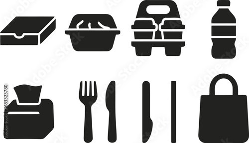 Collection of takeout food and drink service icons for delivery and catering