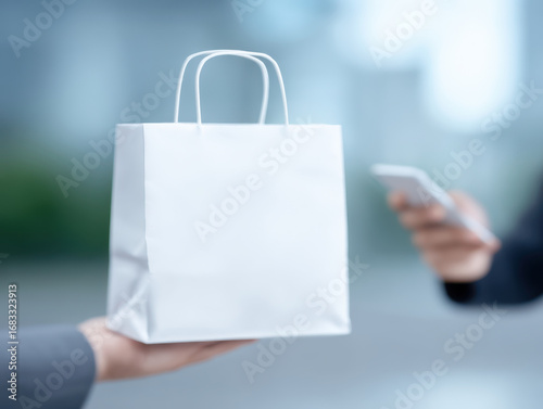 White paper shopping bag held by hand with blurred person using smartphone in background, conveying modern retail and delivery concept