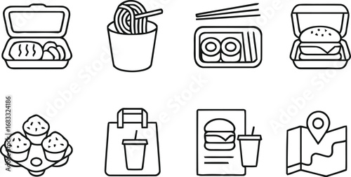 Collection of stylized line art icons representing various food delivery and takeout meals