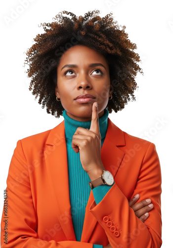 Thoughtful black woman wearing orange blazer and teal turtleneck gesturing with finger transparent background