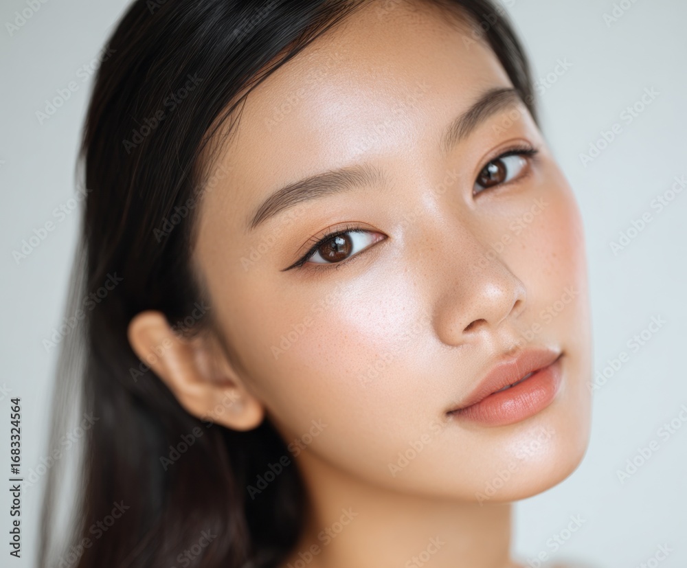 Fototapeta premium Close-up portrait of a woman with a radiant complexion and subtle makeup, showcasing a soft, luminous glow.
