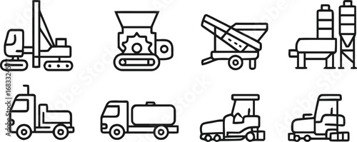 Collection of construction and industrial machinery line art icons on white background