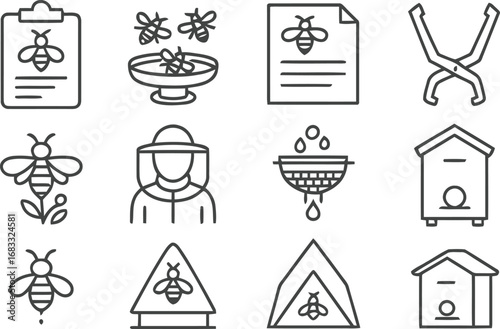Collection of hand drawn icons representing beekeeping and honey production