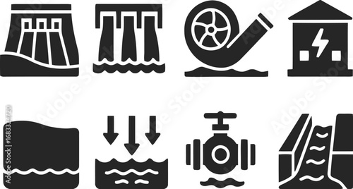 Set of hydroelectric power generation icons representing energy and water resources