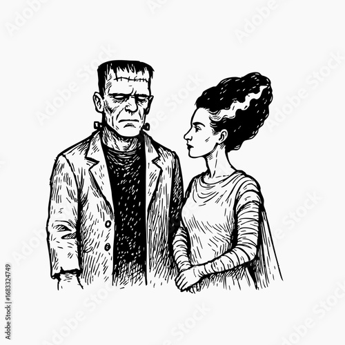 Hand Draw Halloween Collection - Frankenstein monster and Bride of Frankenstein