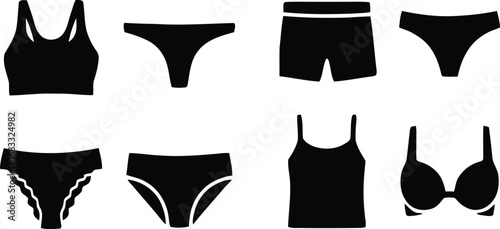 Collection of black silhouettes of women s underwear and lingerie styles