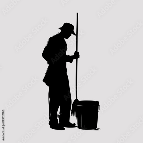 Janitor Holding Broom Trash Simple Icon Collection, Cleaning Man Drawing Clip Art Black Graphic Clothing Vector Design