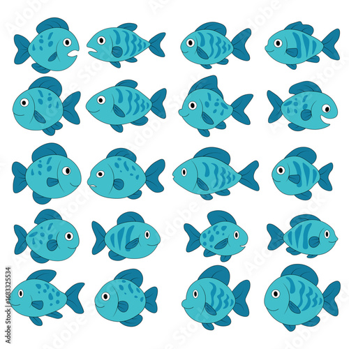 A collection of 20 cartoon blue fish with various expressions and patterns, arranged in four rows.