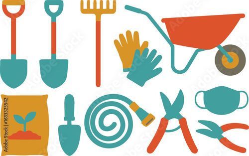 Collection of colorful gardening tools and equipment for planting and cultivation