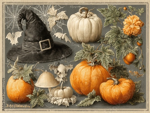 A vintage collection of Halloween and autumn clip art elements. A set of isolated icons including a witch hat, pumpkins, bats, a skull, and flowers for scrapbooking or decoupage.