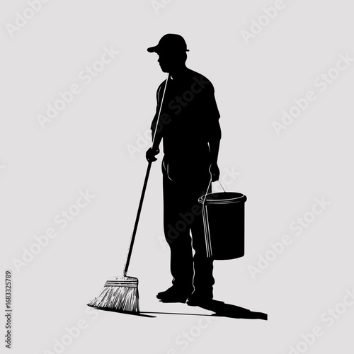 Janitor Holding Broom Trash Simple Icon Collection, Cleaning Man Drawing Clip Art Black Graphic Clothing Vector Design