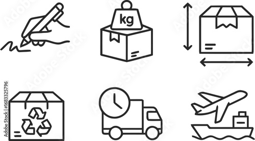 Set of six hand drawn icons representing logistics and shipping services
