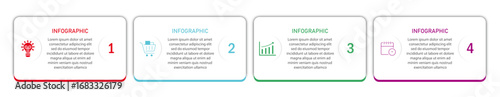 Business infographic white diagram with timeline | Business process 4 steps or option chart with bottom side border and icon | Modern vector illustration