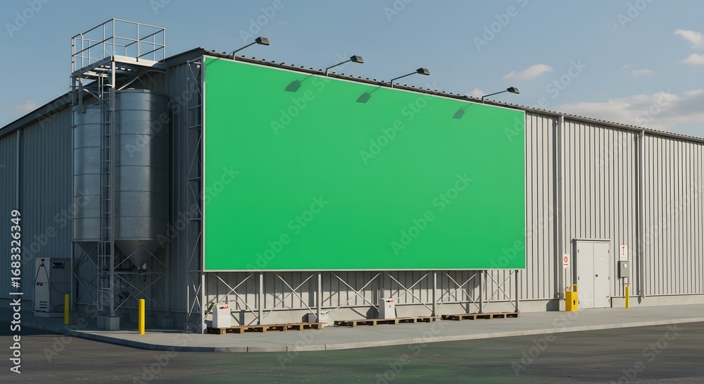 Obraz premium Large Green Billboard on Industrial Building Exterior Mockup for Advertisement