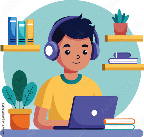 boy and computer vector Art & Illustration