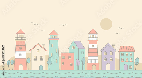 Coastal Village with Lighthouses and Colorful Houses