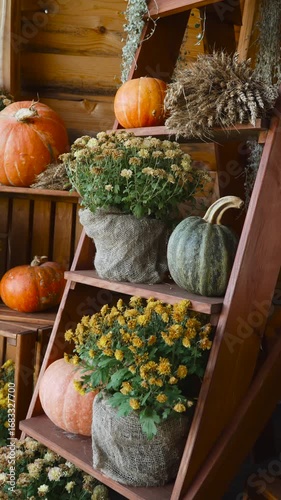 Ripe pumpkins lie on shelves among chrysanthemum flowers. Autumn aesthetic composition for harvest festival at the fair on vertical video.