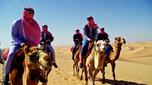 People on camels in desert landscape