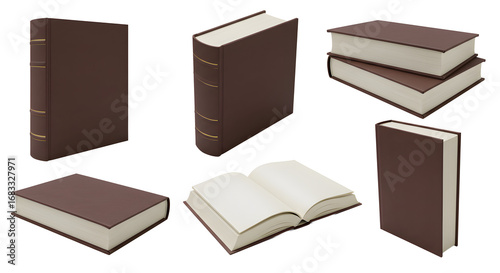 Collection of brown hardcover books, some open and stacked on transparent background