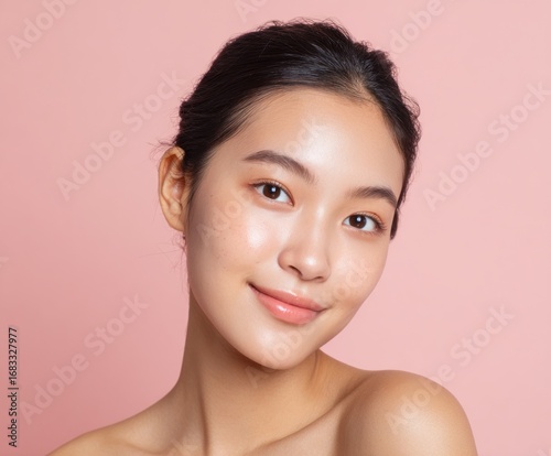 A captivating portrait of a woman with flawless skin against a soft pink backdrop.
