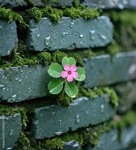 Tiny pink flower blooming through moss covered weathered bricks