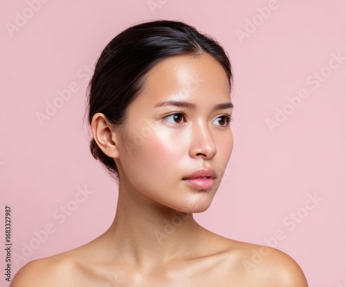 Close-up portrait of a woman with flawless skin and a thoughtful expression, set against a soft pink background.