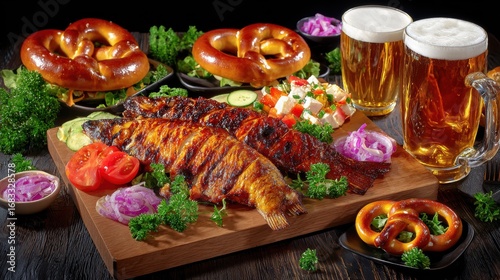 Wallpaper Mural Grilled Fish, Pretzels & Beer: Bavarian Food Feast Still Life Torontodigital.ca