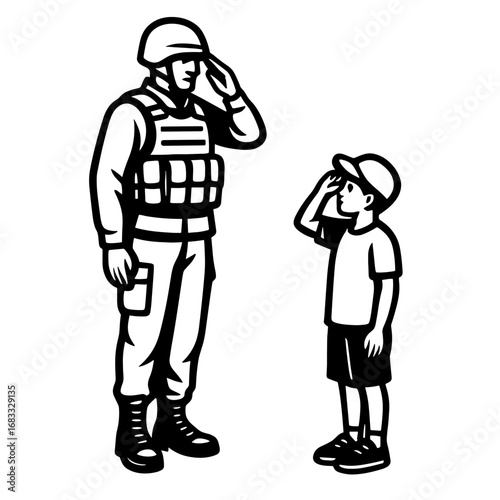 American soldier saluting young child military respect and patriotism vector illustration
