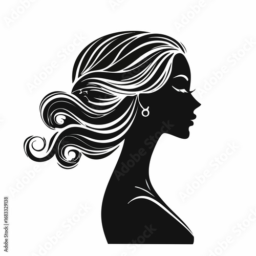 woman side view silhouette. A black silhouette of a woman in profile view with flowing hair and an elegant posture. Vector clipart black illustration design.