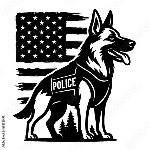 German shepherd police dog with American flag patriotic vector illustration
