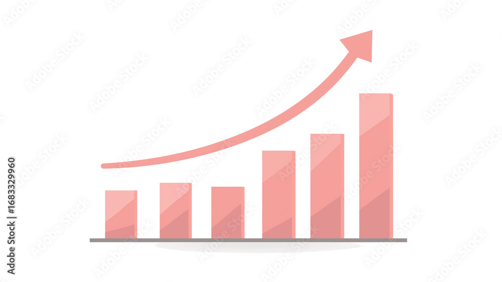 Fototapeta premium Red growing bar graph with arrow, flat vector icon