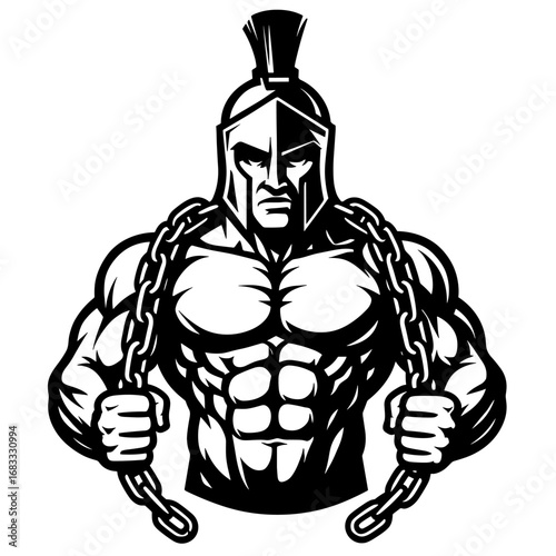 Spartan warrior bodybuilder with helmet and muscular physique vector illustration
