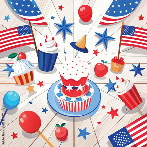 Independence Day celebration background pattern with seamless vector illustrations of hats, stars, and flags