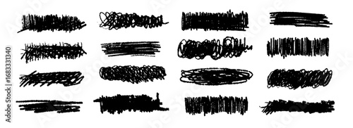 Black grunge brush stoke stains set. Wet or dry pastel pencil doodle scribbles bundle. Hand drawn crayon wavy squiggle shapes collection. Vector rough chalk charcoal sketch scrawls and hatches pack