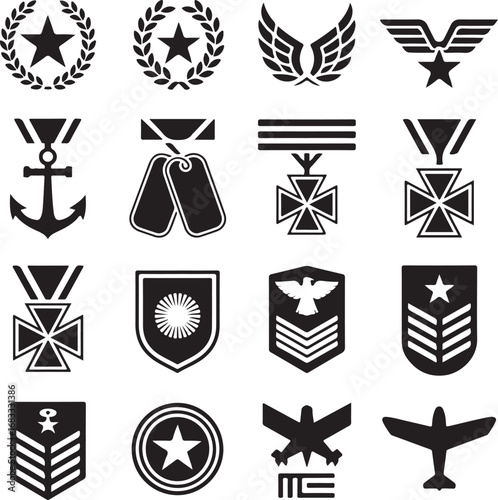 Black silhouette icons of military medals badges and insignia on white background award
