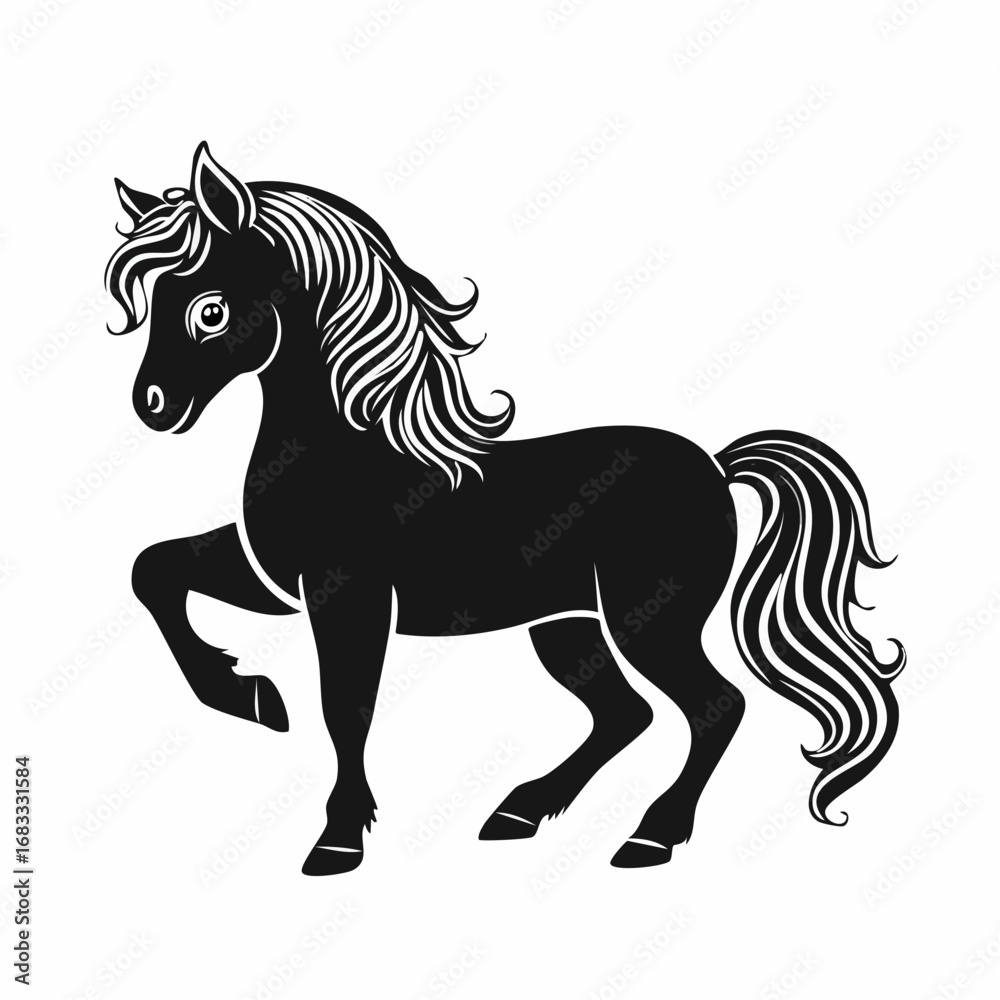 Obraz premium Shetland pony silhouette. A black silhouette image of a Shetland pony, also known as a small horse breed, symbolizing rustic charm and equestrian beauty. Vector clipart black illustration design.