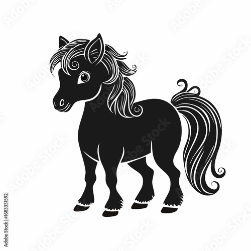Shetland pony silhouette. A black silhouette image of a Shetland pony, also known as a small horse breed, symbolizing rustic charm and equestrian beauty. Vector clipart black illustration design.