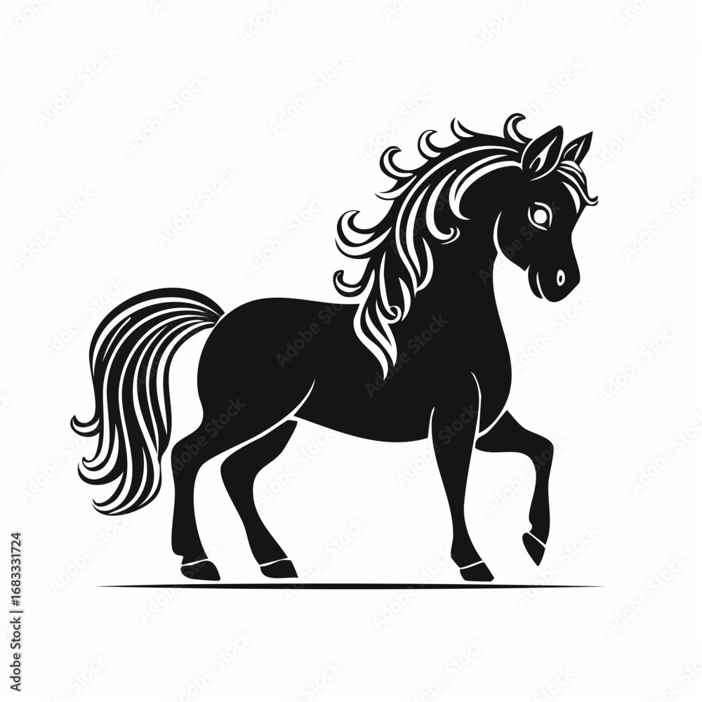 Obraz premium Shetland pony silhouette. A black silhouette image of a Shetland pony, also known as a small horse breed, symbolizing rustic charm and equestrian beauty. Vector clipart black illustration design.