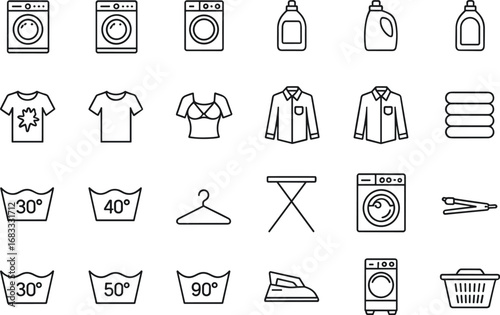 Laundry and Washing Machine Icons for Household Chores and Clothing Care clothes washing detergent