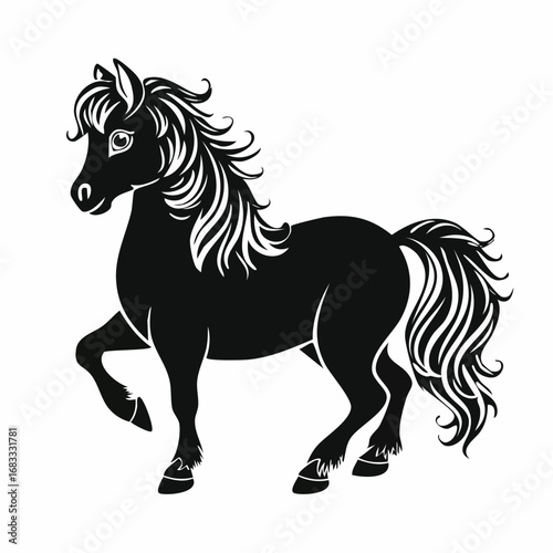 Shetland pony silhouette. A black silhouette image of a Shetland pony, also known as a small horse breed, symbolizing rustic charm and equestrian beauty. Vector clipart black illustration design.