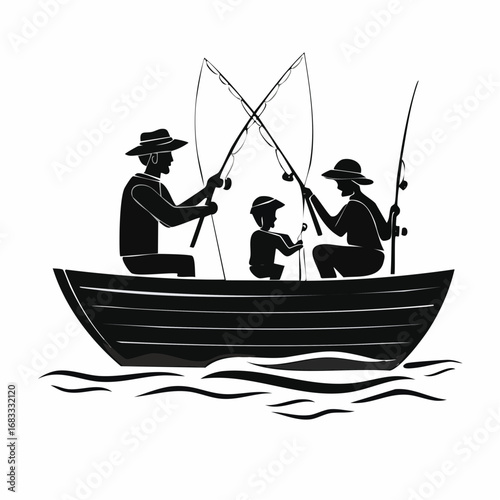 Family fishing silhouette. This image portrays a family fishing on a boat with rods and water. Vector clipart black illustration design.