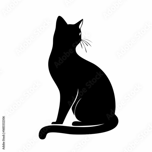 Cat silhouette sitting. A black silhouette of a sitting cat in a calm and relaxed posture with visible tail and ears. Vector clipart black illustration design.