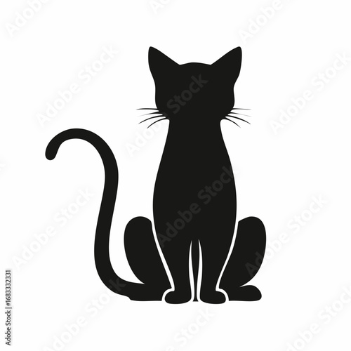 Cat silhouette sitting. A black silhouette of a sitting cat in a calm and relaxed posture with visible tail and ears. Vector clipart black illustration design.