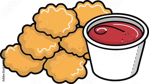 Crispy Chicken Nuggets with Dipping Sauce Vector Illustration – Fast Food Snack Icon for Restaurant Menu, Junk Food Graphic, Tasty Fried Meal Artwork, Delicious Appetizer Design for Cafes, Takeout, St