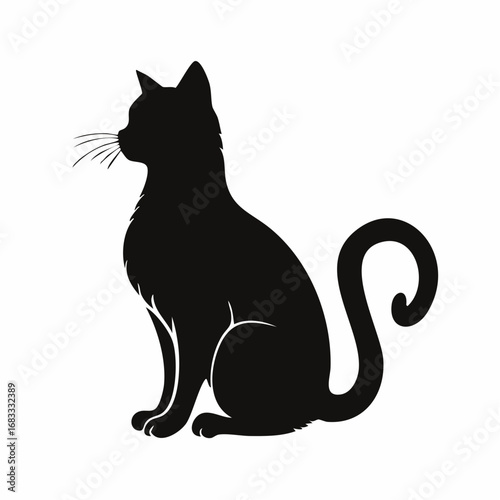 Cat silhouette sitting. A black silhouette of a sitting cat in a calm and relaxed posture with visible tail and ears. Vector clipart black illustration design.