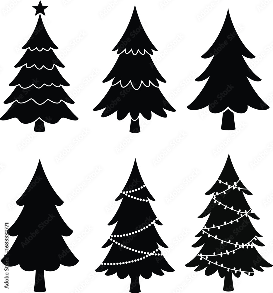 Fototapeta premium Christmas Tree Vector Set of Six Festive Holiday Silhouettes – Black and White Evergreen Illustrations with Star, Ornaments, and Lights for Winter Celebration, Xmas Decoration, Seasonal Greeting Cards