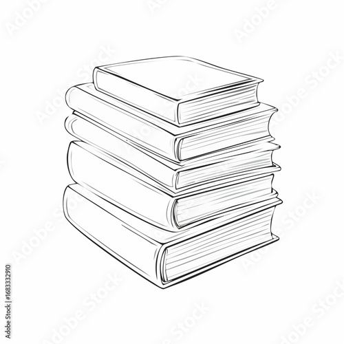 Books stacked drawing. It is a black and white outline image depicting a tall stack of books, symbolizing knowledge and education. Vector sketch line art draw.
