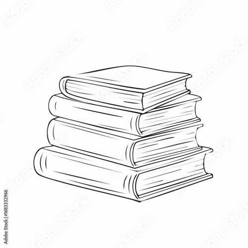 Books stacked drawing. It is a black and white outline image depicting a tall stack of books, symbolizing knowledge and education. Vector sketch line art draw.