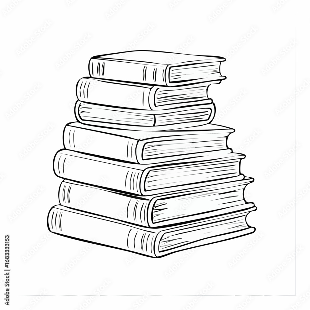 Fototapeta premium Books stacked drawing. It is a black and white outline image depicting a tall stack of books, symbolizing knowledge and education. Vector sketch line art draw.