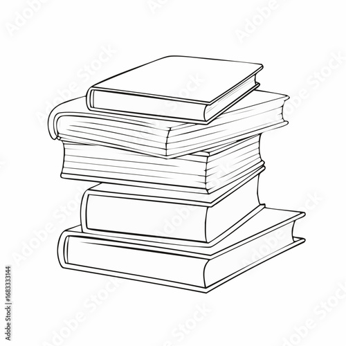 Books stacked drawing. It is a black and white outline image depicting a tall stack of books, symbolizing knowledge and education. Vector sketch line art draw.